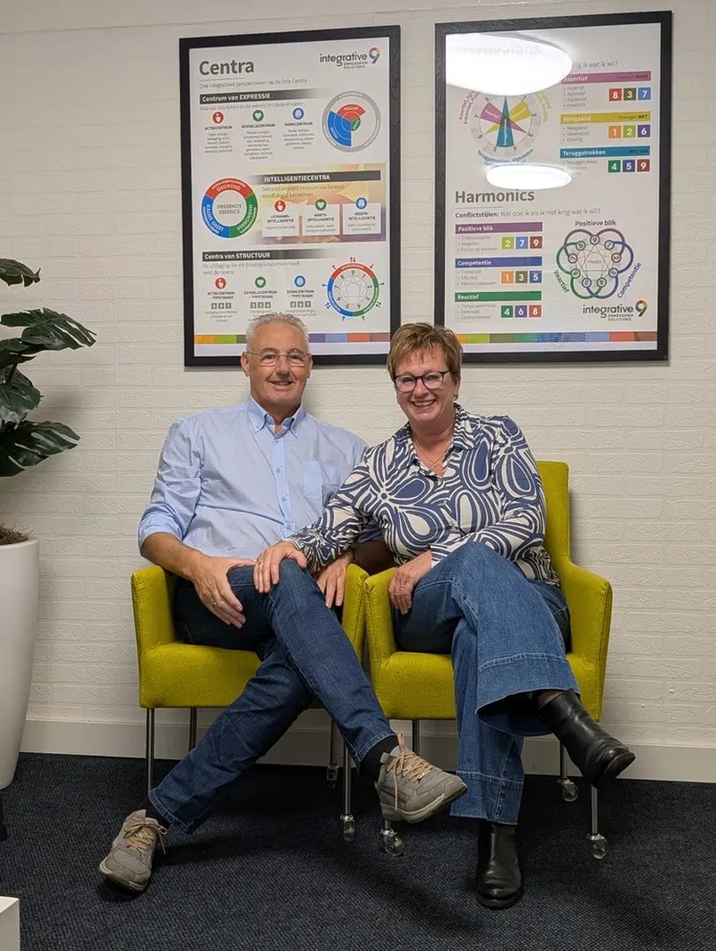 Relatietherapeuten Arjo Ballast en Jeanette Wiersema van Praktijk Levenswerk in hun praktijkruimte in Musselkanaal, met posters over Enneagram-relatiepatronen op de achtergrond