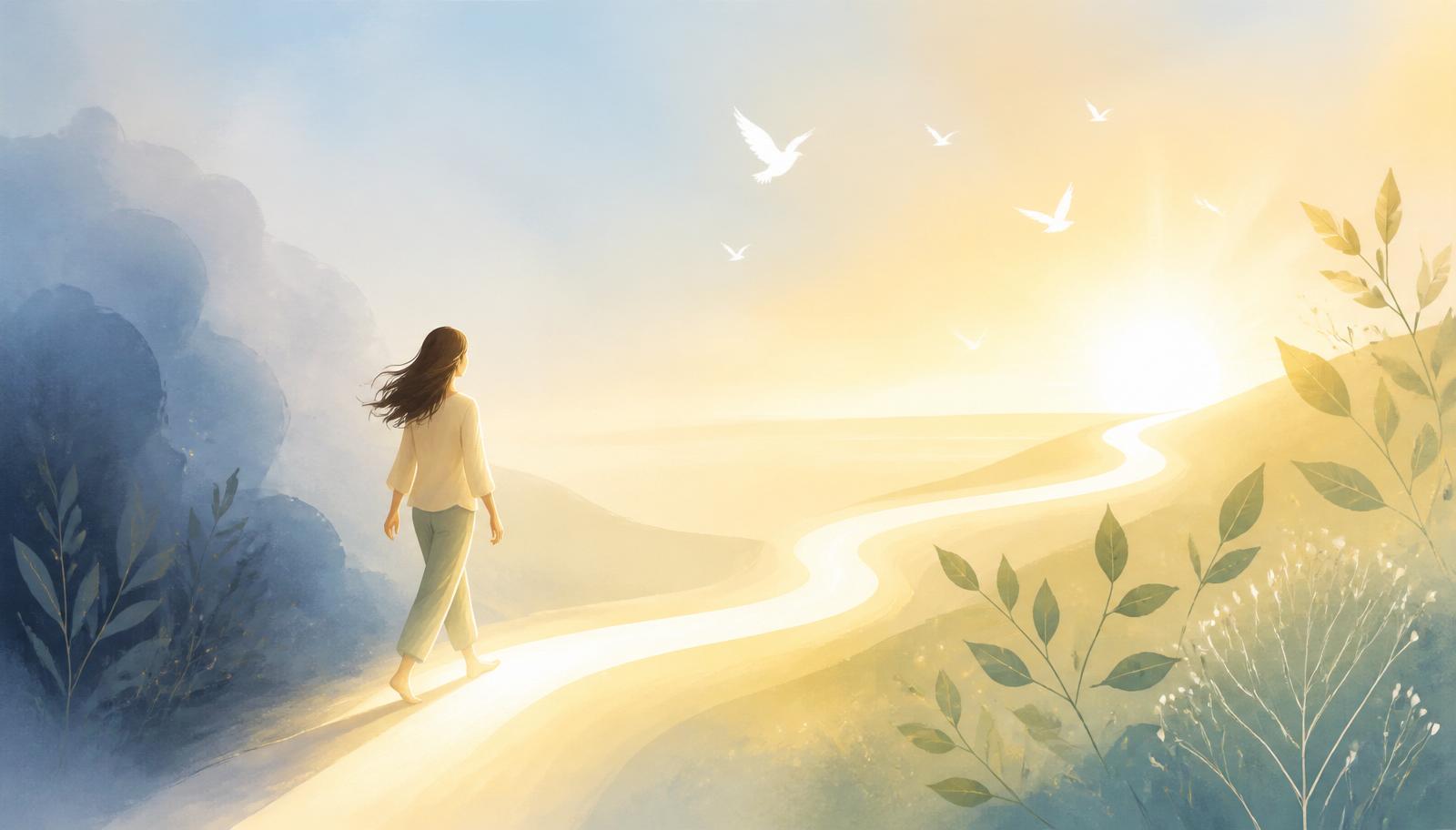 Illustratie van een vrouw die een pad van schaduw naar warm zonlicht loopt, symbolisch voor het helingstraject na seksueel misbruik bij Praktijk Levenswerk in Musselkanaal