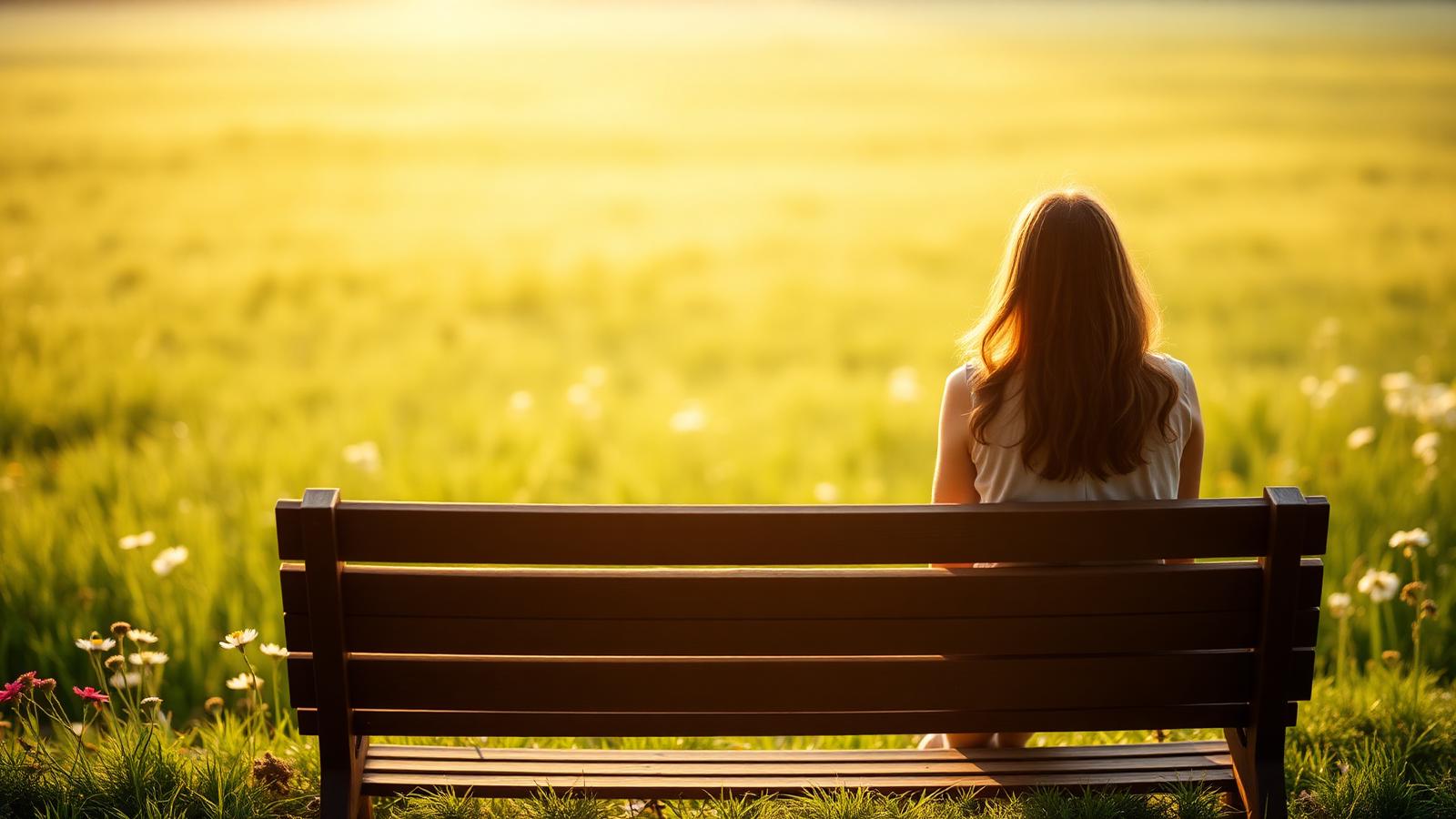 Vrouw op een bank in een zonovergoten weiland, rust en herstel bij burn-out therapie in Musselkanaal