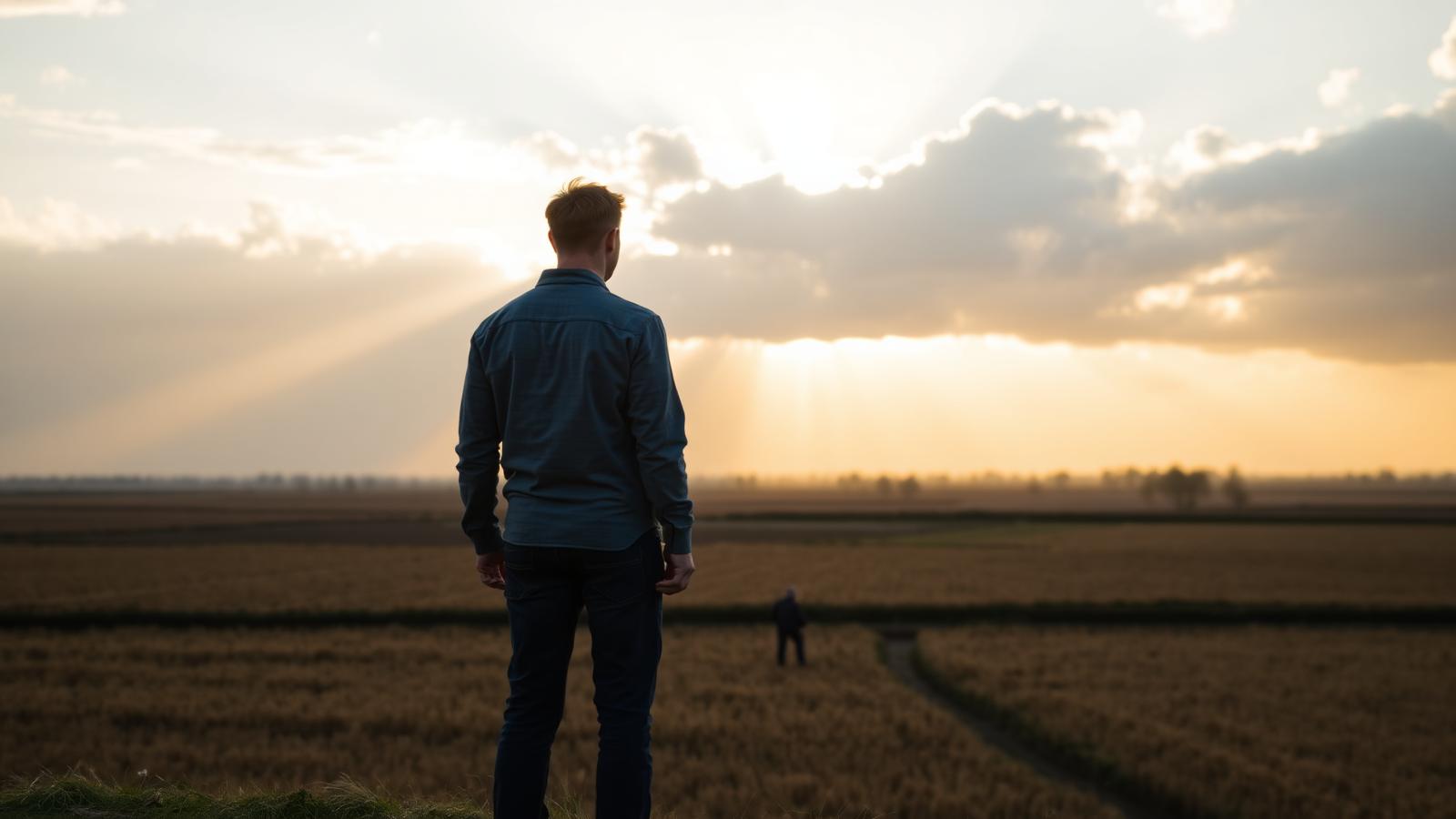 Man kijkt uit over een Gronings landschap bij zonsopkomst, ruimte en herstel na traumatherapie in Musselkanaal